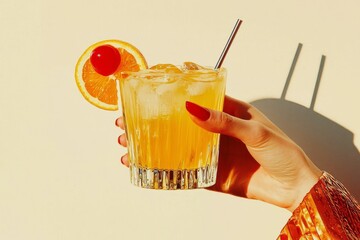 Vintage-inspired female hand presenting a colorful cocktail.