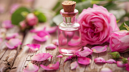 Delicate pink roses and scattered petals with a vial of fragrant rose water.