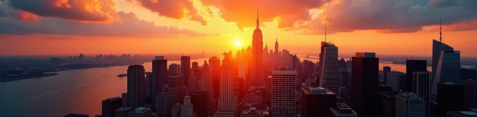 Fototapeta premium Golden sunrise illuminates NYC skyscrapers, East River visible, metropolis, river