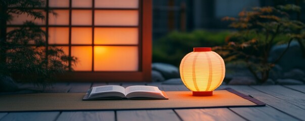 Serene reading space in a Japanese garden, tatami mat, and warm paper lantern glow