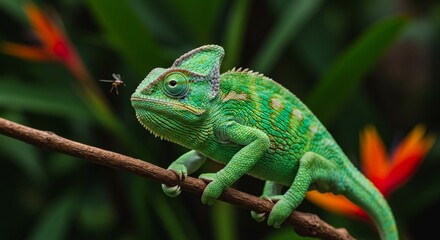 Obraz premium Chameleon observing the enviroment in its natural habitat, looking at insects