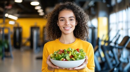 Woman holding salad in gym healthy lifestyle