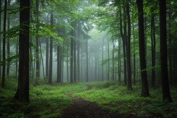 Obraz premium Misty Forest Path Through Tall Trees