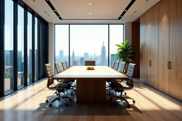 Sleek modern conference room, large window, wood table, chairs, boardroom, professional, chairs
