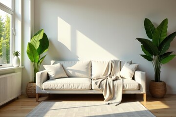 Sun-drenched living room, plush couch, throw, lush plants, decor, design, houseplants