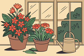 78 Colorful potted plants, Still life painting, Vibrant flowers, Terracotta pots, Watering can, Gardening tools, Lush greenery, Indoor plants, Warm lighting, Cool shadows, Textured canvas, Botanical i