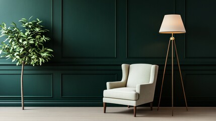 Timeless classic reading corner with dark green walls, an elegant armchair, and a traditional floor lamp