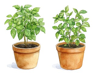 Obraz premium Watercolor Basil Plants in Pots.