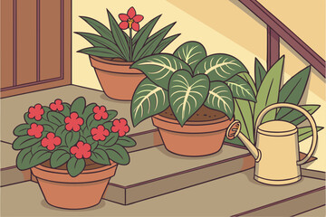 78 Colorful potted plants, Still life painting, Vibrant flowers, Terracotta pots, Watering can, Gardening tools, Lush greenery, Indoor plants, Warm lighting, Cool shadows, Textured canvas, Botanical i