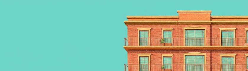 Obraz premium Orange building, teal sky, balconies, plants. Real estate, website