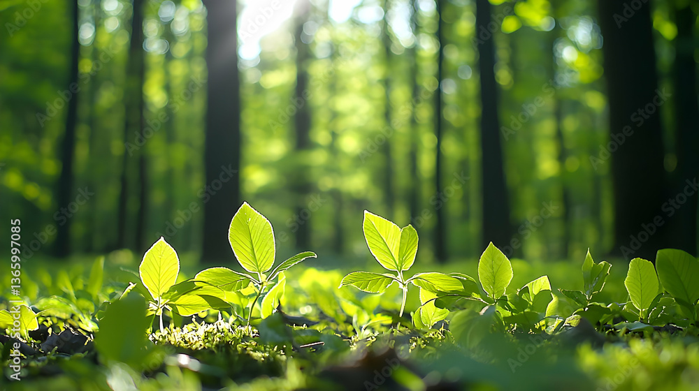 Poster lush green forest floor illuminated by sunlight filtering through tall trees creating a bright and s