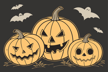 79 Halloween pumpkins, jack-o'-lanterns, carved pumpkin faces, spooky expressions, orange gourds, black background, bats, ghosts, eerie atmosphere, detailed textures, varied sizes, glowing eyes, reali