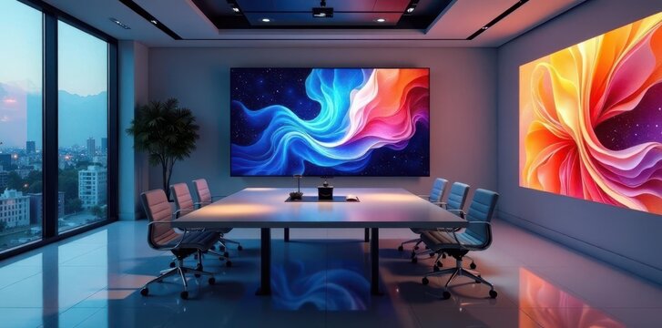 High-tech boardroom, minimalist furniture, large display , meeting room, technology