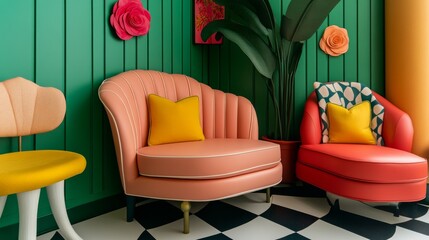 Alice in Wonderland-themed reading nook with oversized furniture, whimsical colors, and enchanted elements