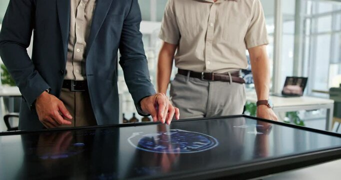 Hands, people and screen with interactive display, scan and user experience at biohacking startup. IT team, partnership and review with research, results and ui with brain at neurotechnology company
