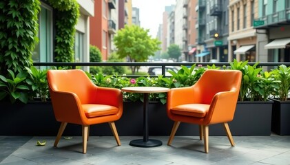 Fototapeta premium Stylish orange accent chairs, round table, greenery, urban backdrop , interior design, plant, city view