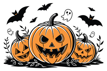 79 Halloween pumpkins, jack-o'-lanterns, carved pumpkin faces, spooky expressions, orange gourds, black background, bats, ghosts, eerie atmosphere, detailed textures, varied sizes, glowing eyes, reali