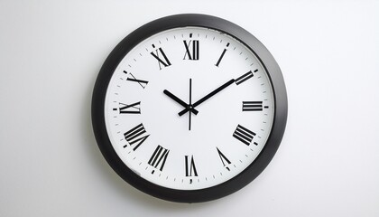 A round wall clock placed on a white background