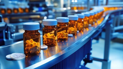 Bottles of Pharmaceutical Capsules on Production Line in Modern Manufacturing Facility with Focus on Quality Control and Bottling Process