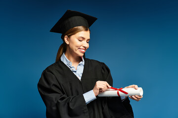 A joyful young woman in graduation attire holds her diploma in a celebratory moment