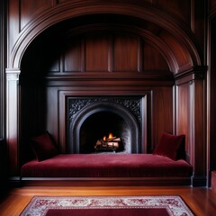 Fototapeta premium Cozy reading nook in a historic home, complete with an old-fashioned fireplace and velvet cushions