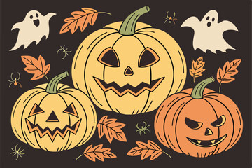 79 Halloween pumpkins, jack-o'-lanterns, carved pumpkin faces, spooky expressions, orange gourds, black background, bats, ghosts, eerie atmosphere, detailed textures, varied sizes, glowing eyes, reali