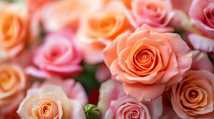 Obraz premium Close-up of peach and pink roses, creating a soft and delicate floral texture, symbolizing romance, beauty, and Valentine's Day