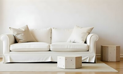 A white couch with two pillows and a stone table in a living room with a white wall 