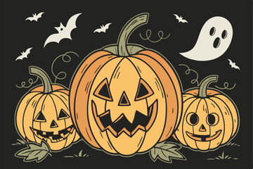 79 Halloween pumpkins, jack-o'-lanterns, carved pumpkin faces, spooky expressions, orange gourds, black background, bats, ghosts, eerie atmosphere, detailed textures, varied sizes, glowing eyes, reali