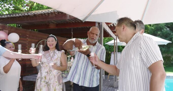 Diverse seniors celebrating in garden, raising glasses and enjoying festive gathering by pool