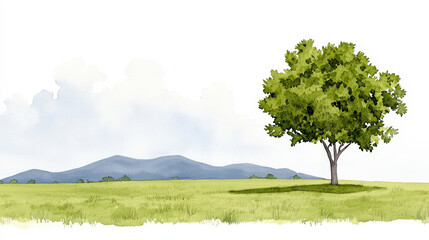 Obraz premium serene watercolor landscape features solitary tree on grassy field with distant mountains., Watercolor illustration