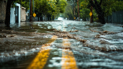 A flooded urban street with rushing water during heavy rainfall.