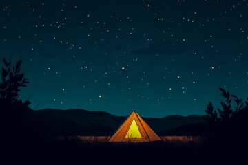 A glowing tent under a starry night sky with silhouetted mountains and foliage in the foreground