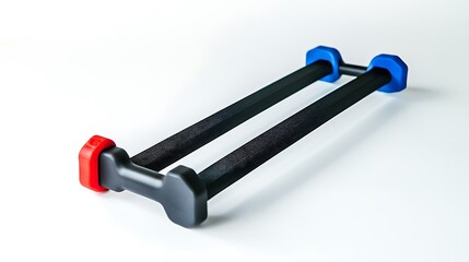 A black and blue exercise bar with red handles