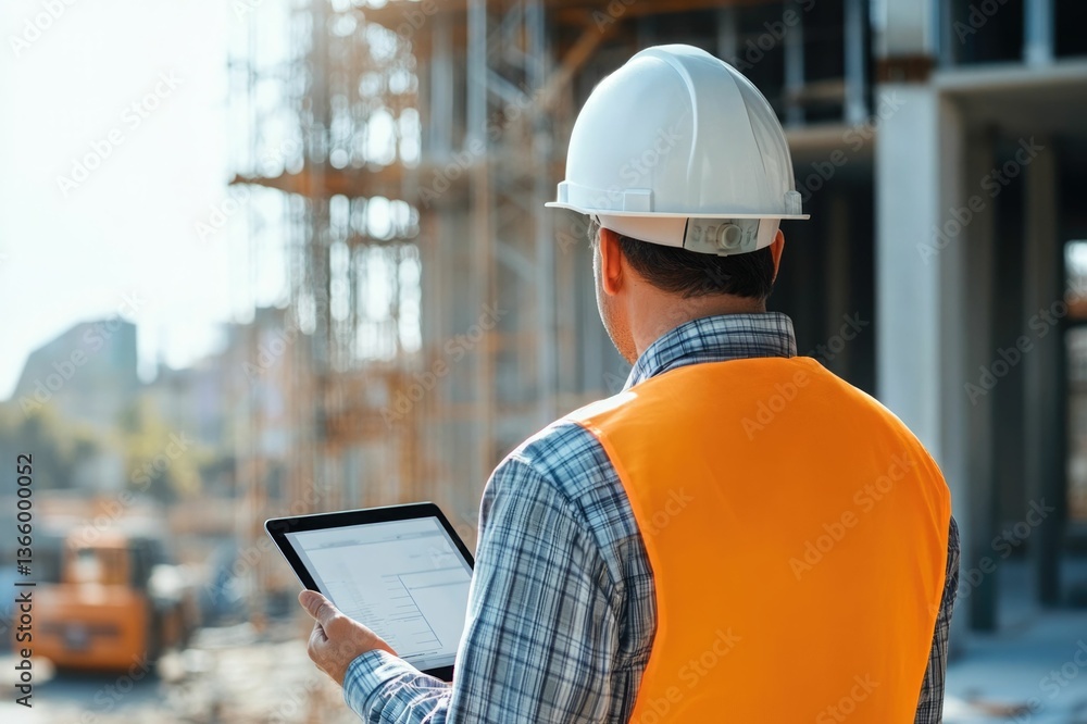 Aufkleber civil engineer or architect with hardhat on construction site checking schedule on tablet computer