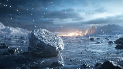 Majestic Frozen Landscape Featuring a Glittering Rock on a Snowy Surface Under a Dramatic Sky with Flurries and Subdued Light from Distant Horizon
