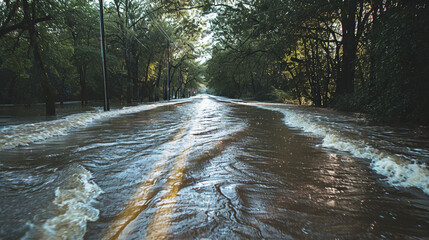 A flooded urban street with rushing water during heavy rainfall.