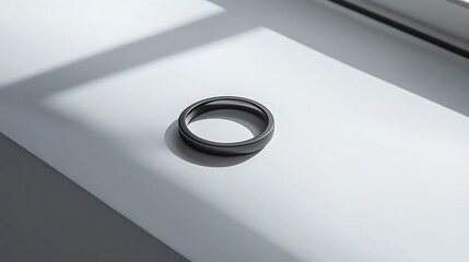 A black ring sits on a white surface