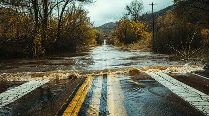 A flooded urban street with rushing water during heavy rainfall.