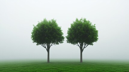 Twin Trees in a Misty Field: A Minimalist Dreamscape of Nature's Quiet Beauty