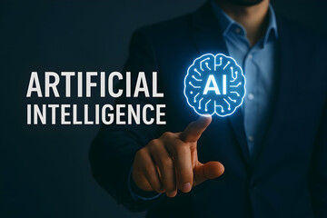 Fototapeta premium Artificial Intelligence Concept – Businessman Touching AI Brain Icon
