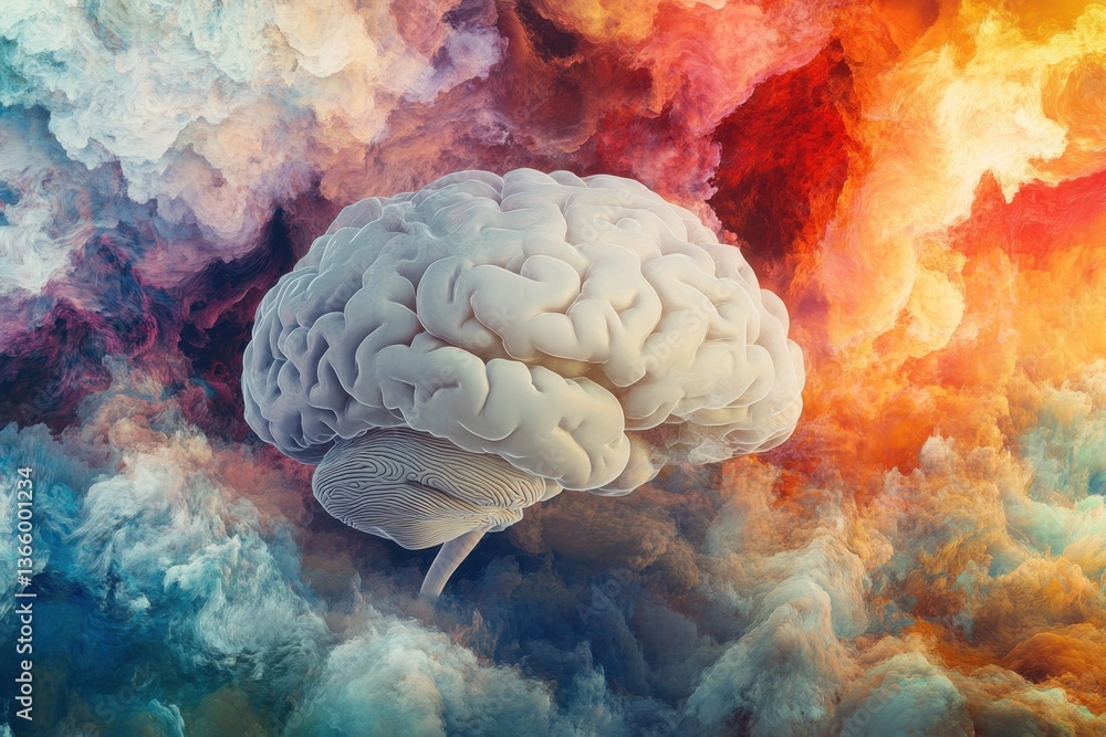 Poster brain surrounded by colorful abstract clouds in a surreal artistic representation