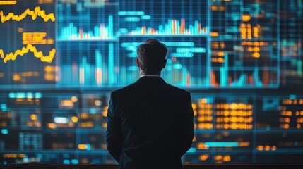 A businessman watching as a graph showing company growth and financial success projects upward on a large screen