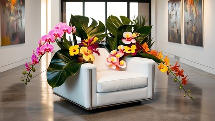 Modern White Armchair with Vibrant Tropical Flowers