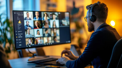 Team members of an e-commerce startup collaborate via video conference with partners from different countries in a bright, contemporary workspace during the afternoon.