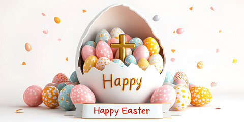 Happy easter eggs cross christianity celebration holiday spring season religious pastel colors decoration - obrazy, fototapety, plakaty