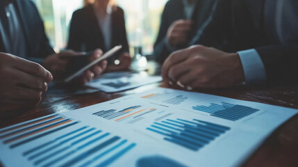 A diverse group of startup team members gathers around a table, discussing growth strategies and analyzing graphs in a collaborative meeting focused on future development.