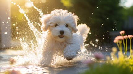 Joyful dog drinking water  close up of shimmering splashes in sunlight highlighting freshness