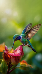 Hummingbird Drinking from Flower, Blurred Green Background