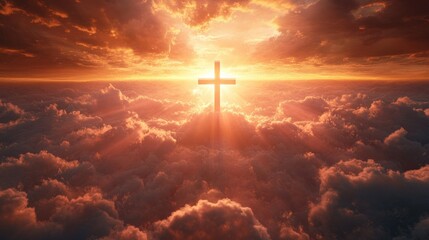 Fototapeta premium Heavenly Cross: Symbol of Hope Amidst Sunset Clouds & Radiant Light